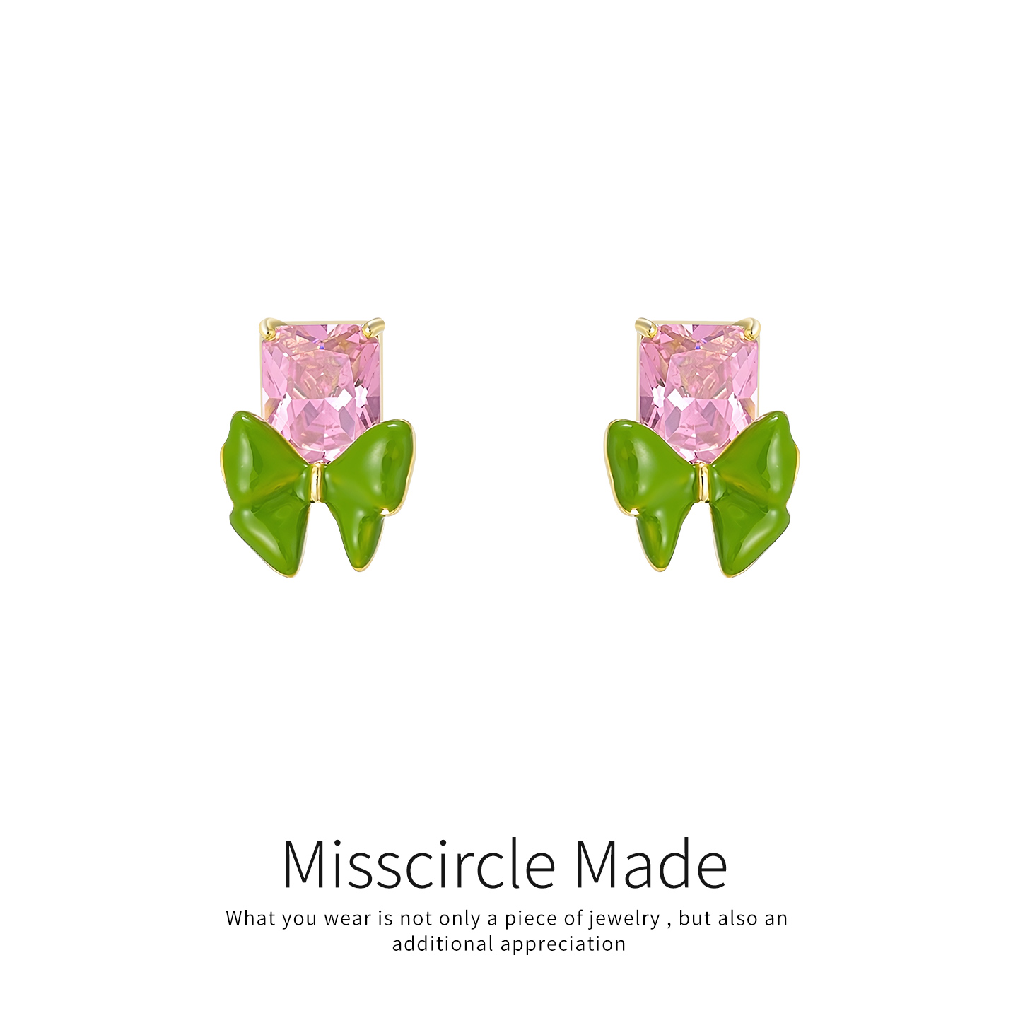 瑟可 铜合金合成锆石耳饰 撞色粉绿方钻蝴蝶结耳钉女甜美百搭5594