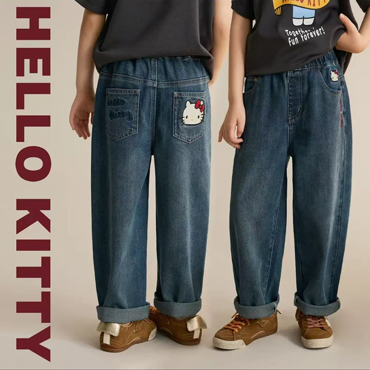 女童春秋HelloKitty百搭牛仔裤2025新款秋季中大童女孩刺绣直筒裤