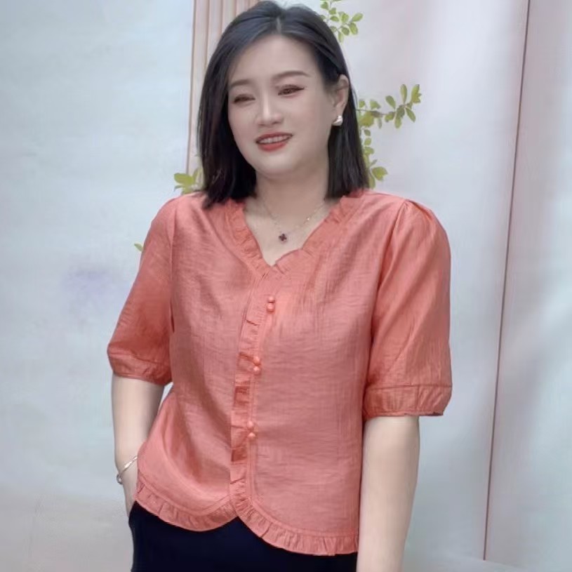 《清货》夏季时尚简约设计冰感棉减龄百搭款花边上衣中袖2506-1
