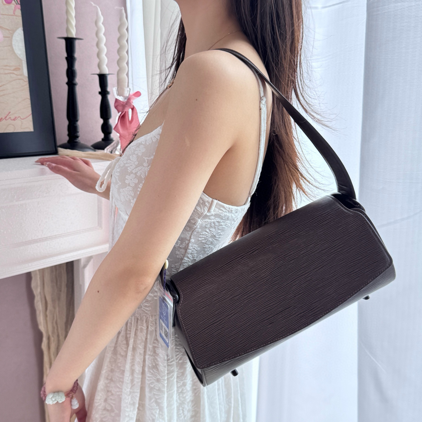 95新 LouisVuitton/路易威登 lv棕色水波纹圆桶单肩腋下包