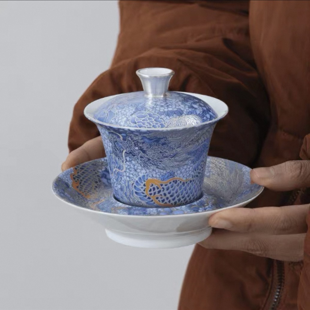 青花龙纹鎏银盖碗-S7988（众）