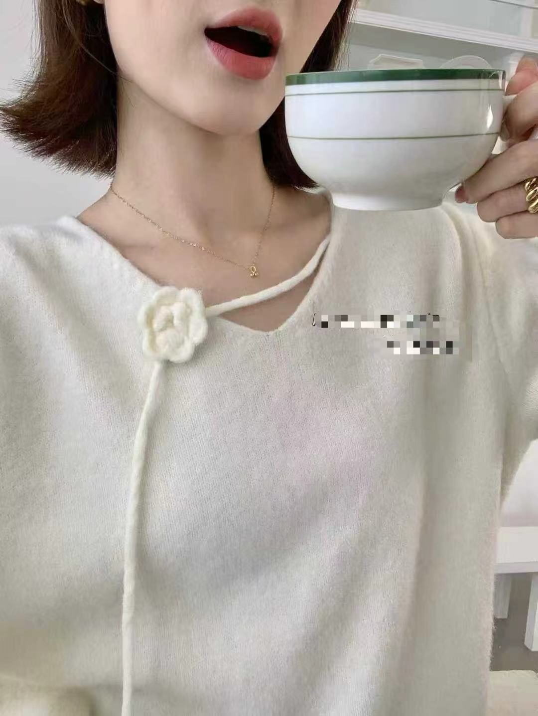 花朵毛针织衫小个子白色短款毛衣百搭开衫宽松气质