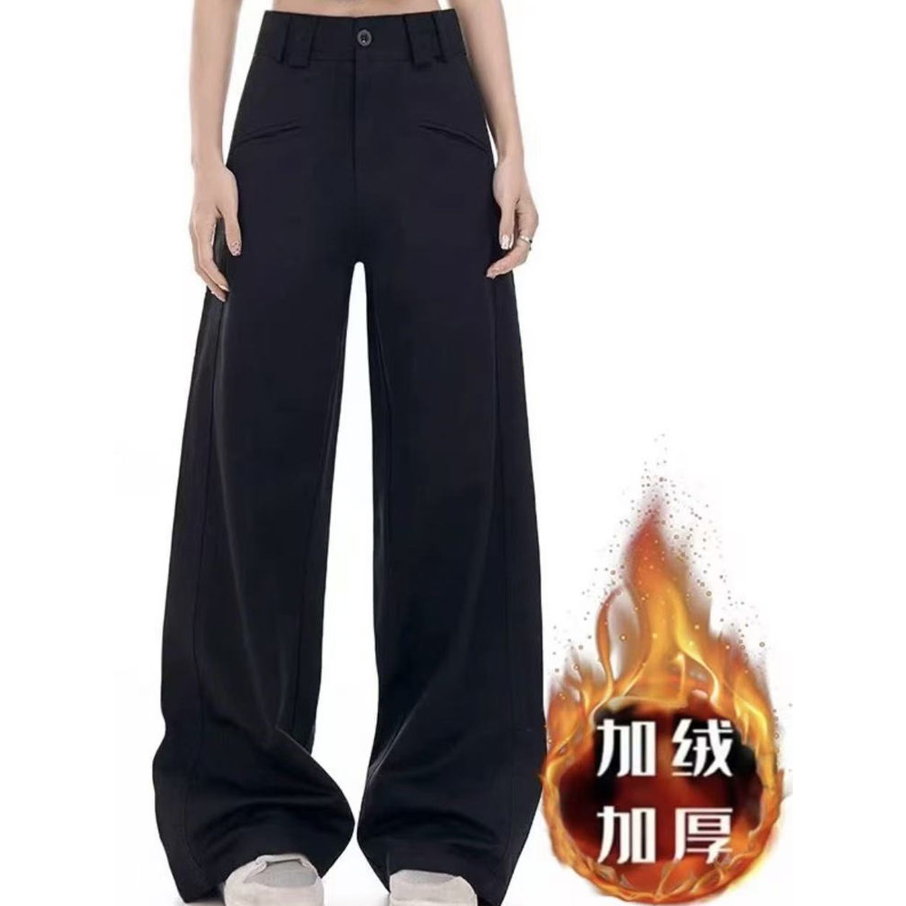 加绒黑色高腰西装裤女秋冬新款大码胖mm设计感宽松显瘦休闲阔腿裤