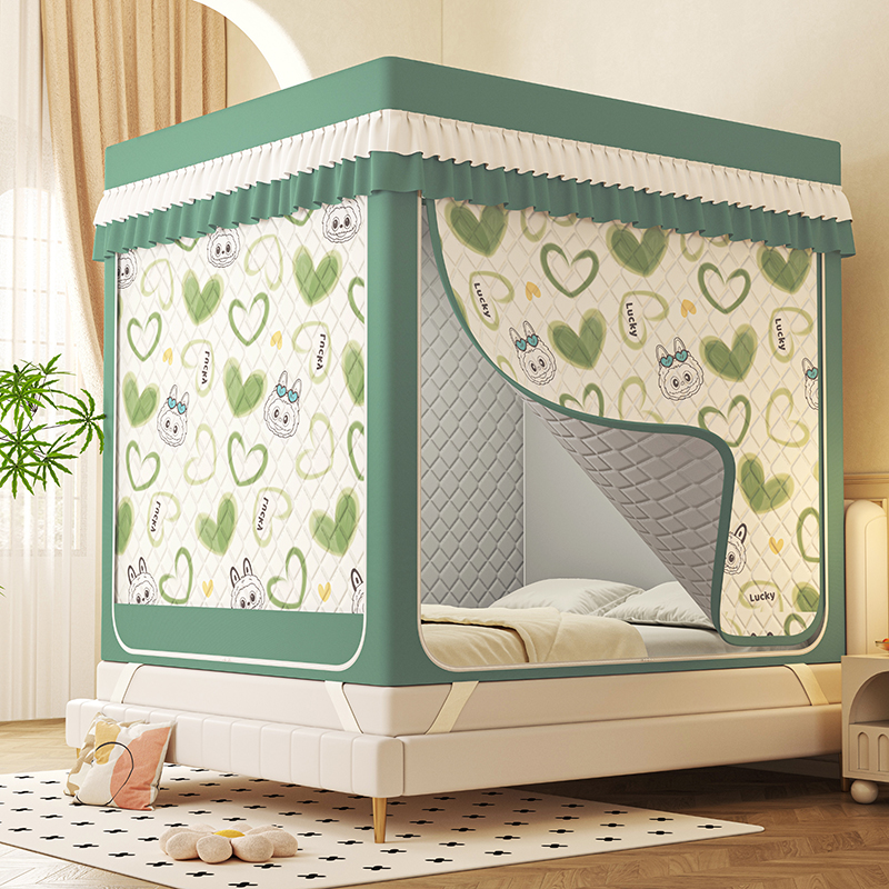 2025新款a类冬季保暖夹棉防风全底遮光帘坐床蚊帐卧室1.8床幔纹帐