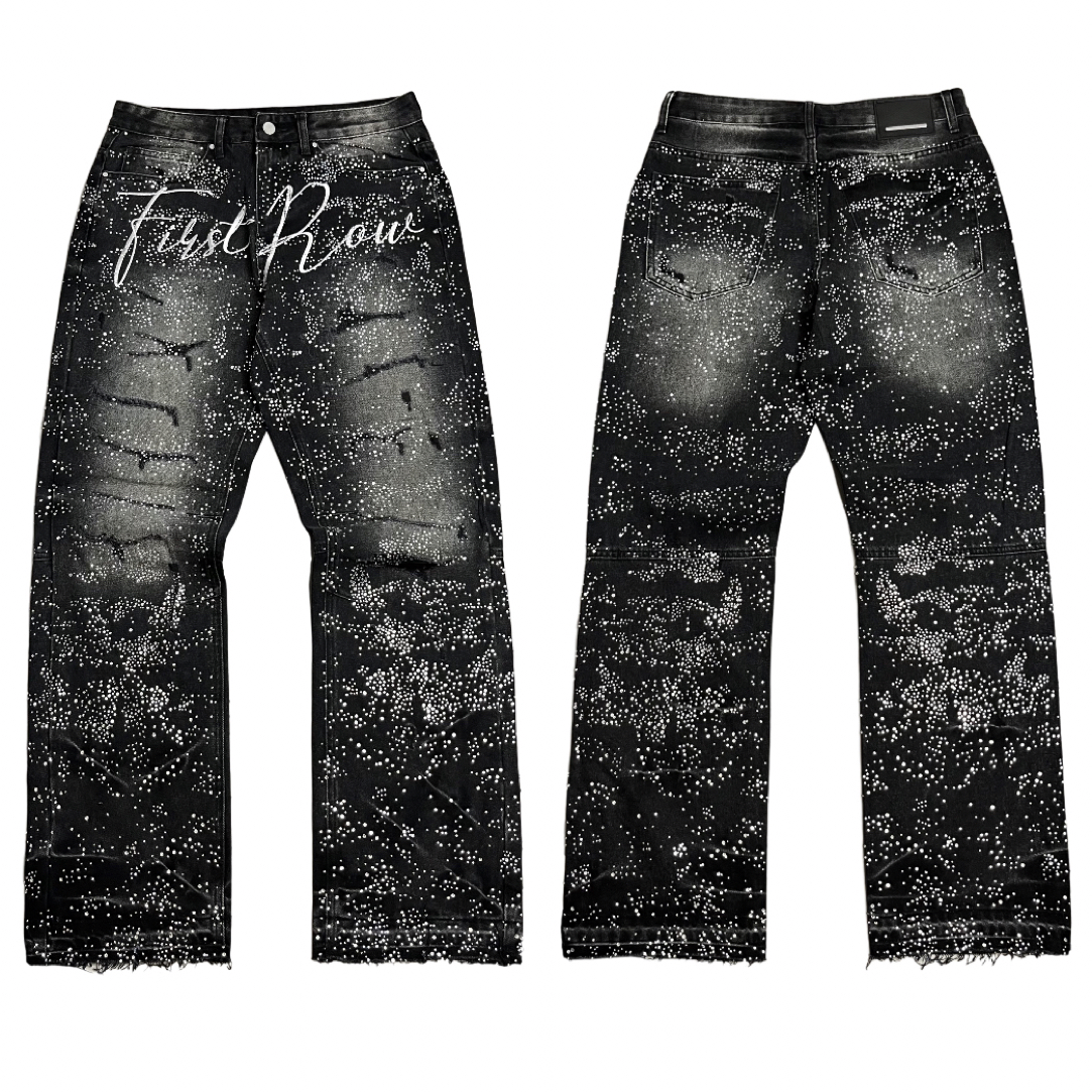 美式hiphop烫钻黑色水洗朱帆布工装裤-6