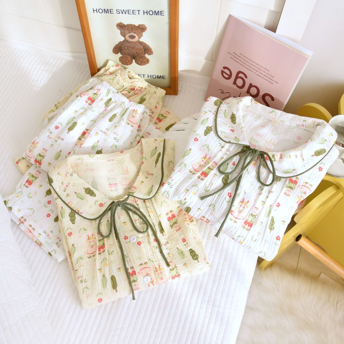 可爱娃娃领女生长袖家居服全棉纱布睡衣薄款圣诞熊婴儿棉纱套装