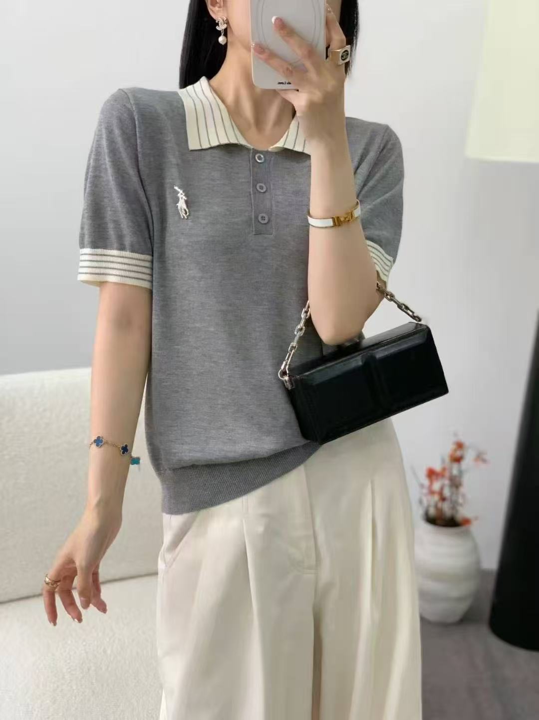 470【灰翻领短袖】高级气质针织女衫