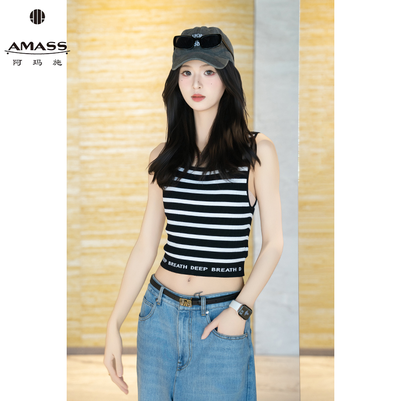 AMASS/阿玛施学院风百搭气质纯色复古条纹短款女背心打底 5399591