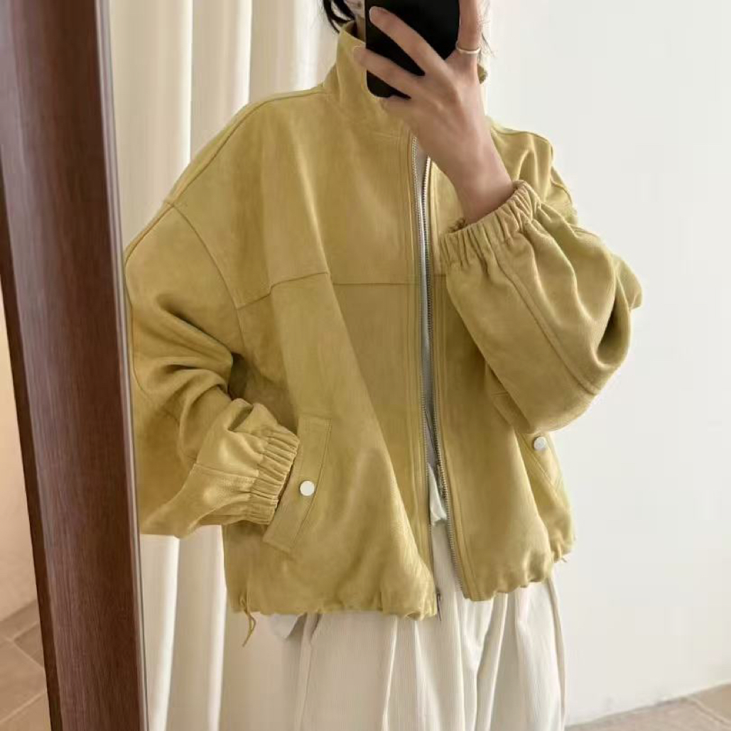 韩系立领麂皮绒拉链宽松短外套女2025秋季高品质休闲夹克上衣