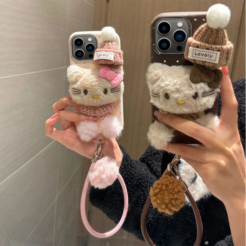 秋冬毛绒KT适用苹果16promax手机壳iPhone14plus新款15/12/13女11