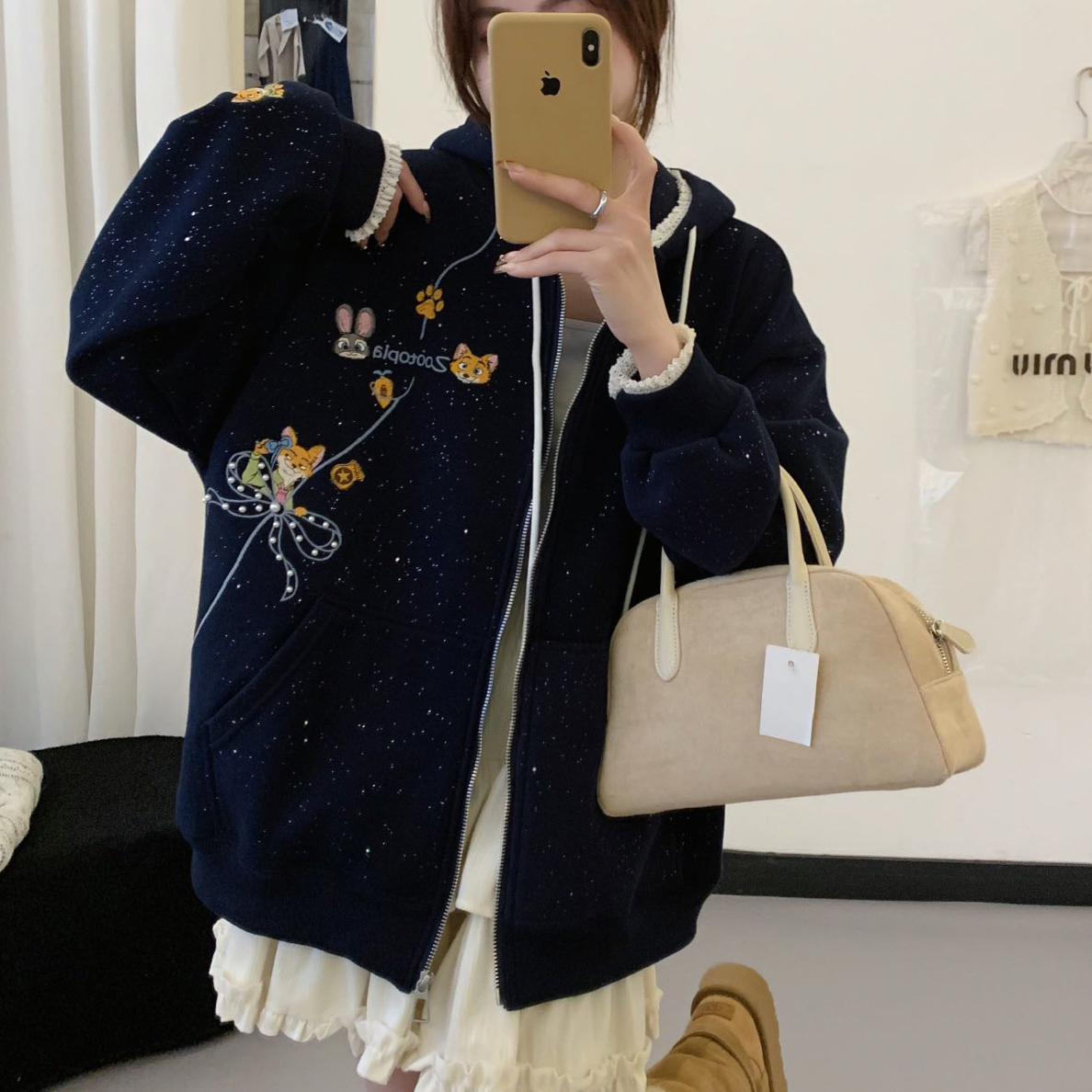25冬季新款加绒加厚朱迪和尼克珍珠蝴蝶结拉链外套韩版宽松百搭
