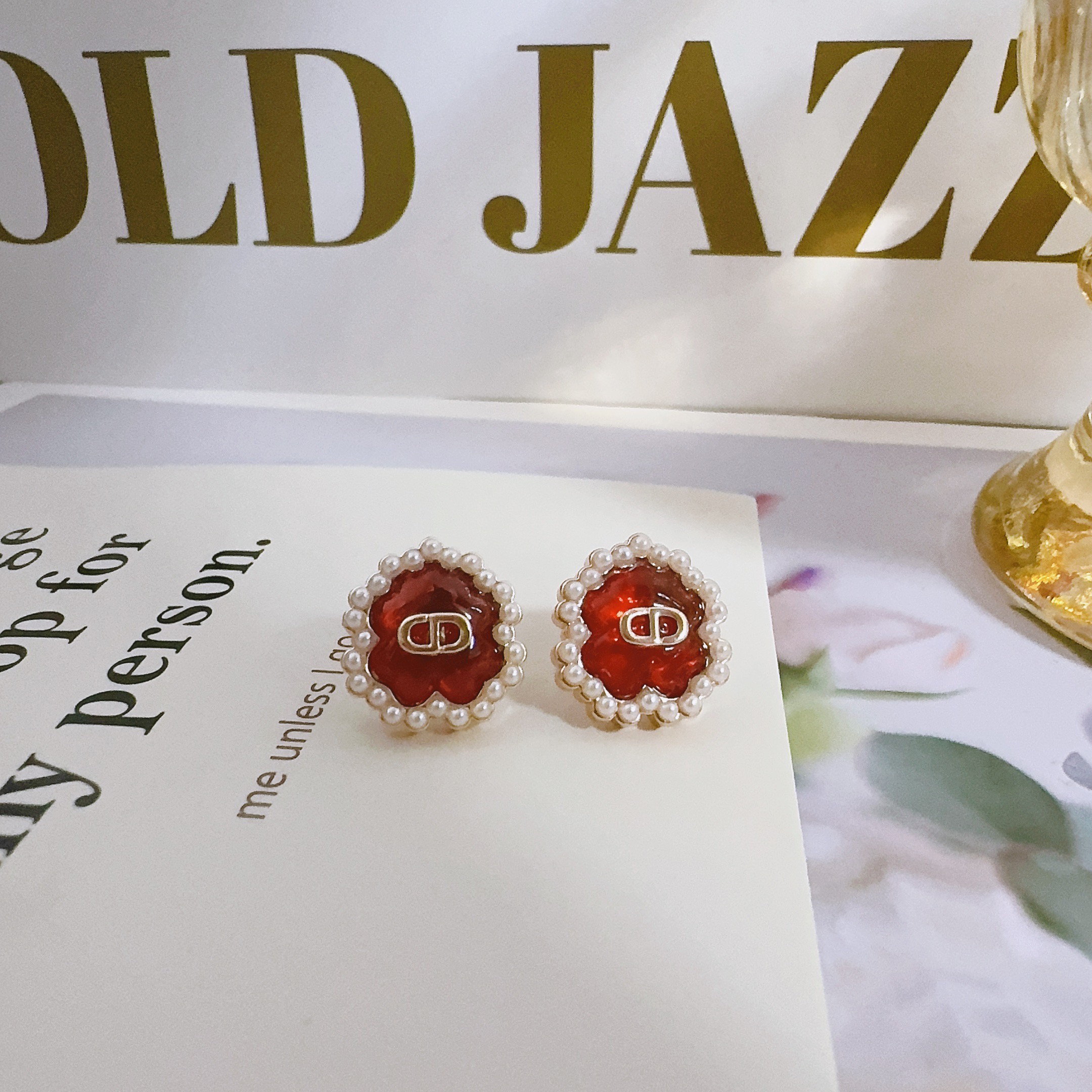 铜合金树脂耳饰 4148 红色不规则四叶草耳钉