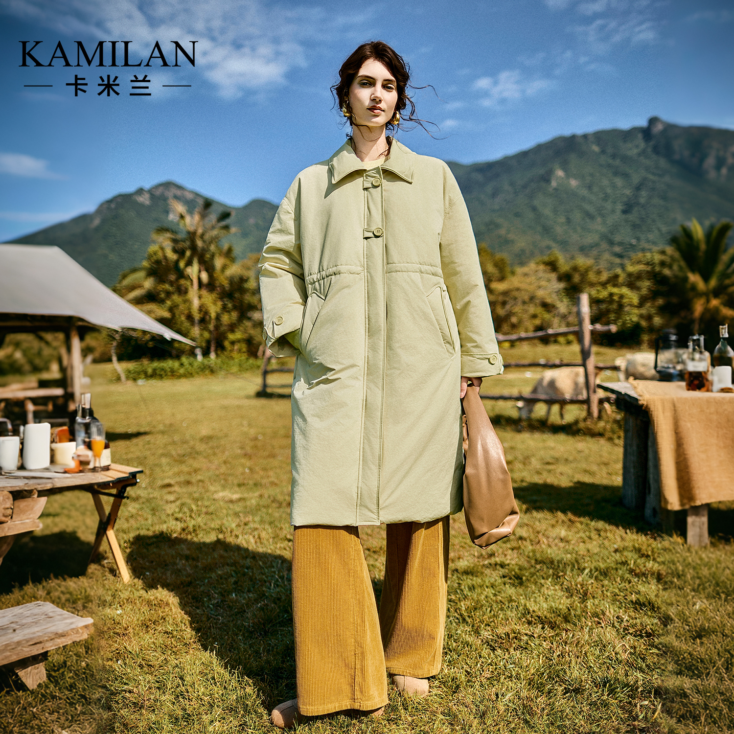 卡米兰翻领中长款过膝羽绒服女2025冬季新款保暖白鸭绒羽绒外套