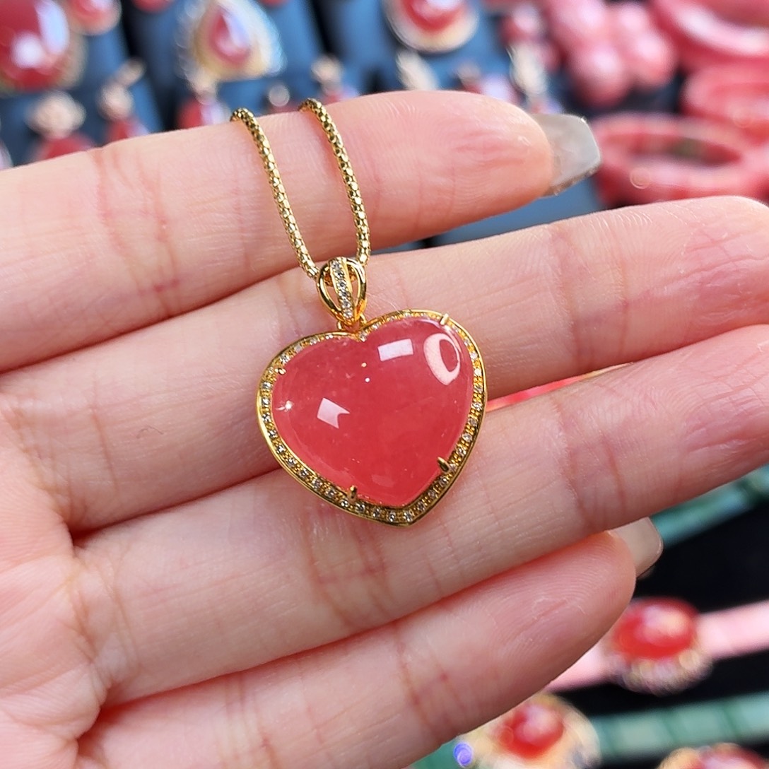 菱锰矿（红纹石）18K金镶嵌吊坠(不含链)