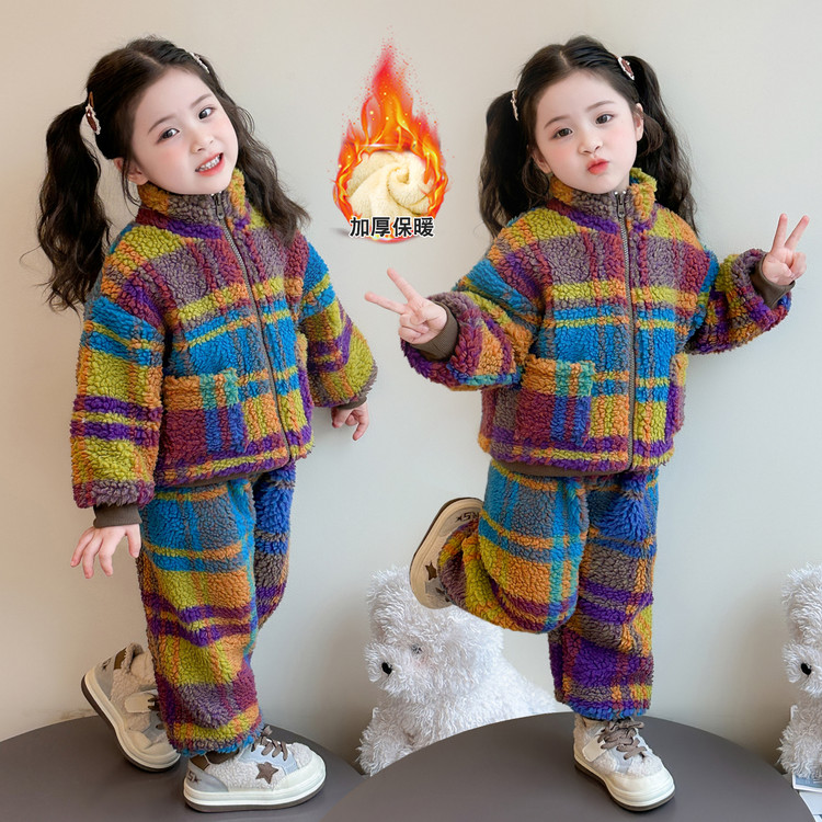 儿童加绒加厚睡衣冬季新款女秋冬款拉链格子美拉德风套装女童冬季