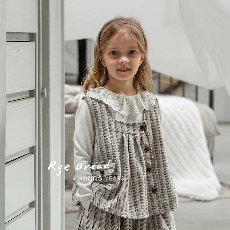 ryebread/黑面包童装 韩系竖条纹女小童单排扣宽松呢背心马甲SA秋