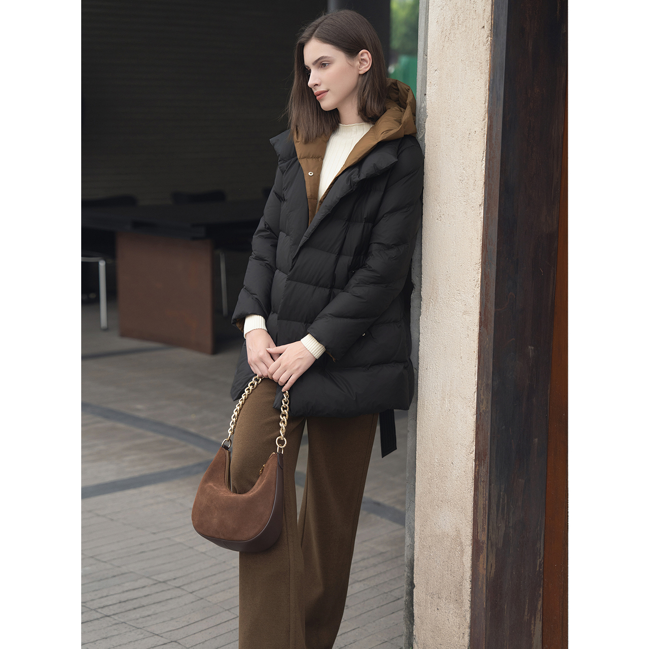 INSUN恩裳冬季85鹅绒时尚假两件绗线泡芙白鹅绒羽绒服9C64508720