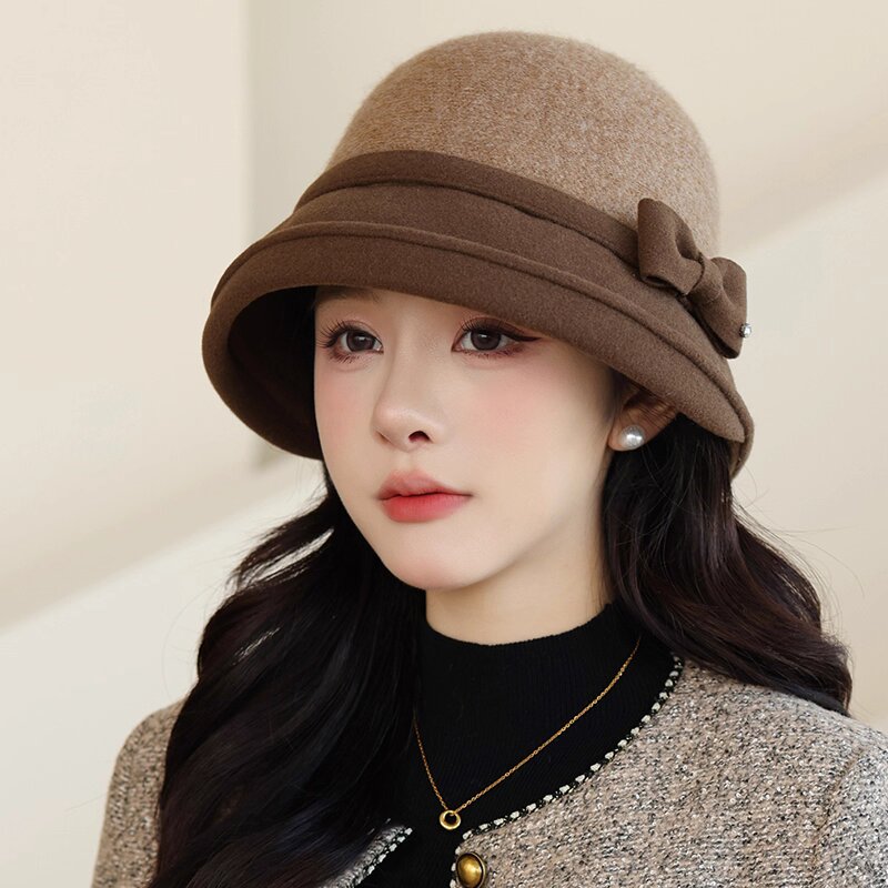 秋冬妈妈卷边毛呢礼帽女复古蝴蝶结渔夫帽中老年优雅大气百搭盆帽