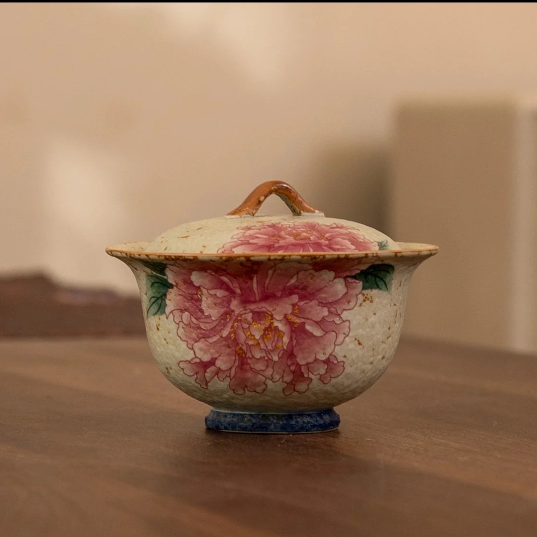 【包包爱茶器】青花火石红牡丹二才盖碗复古陶瓷