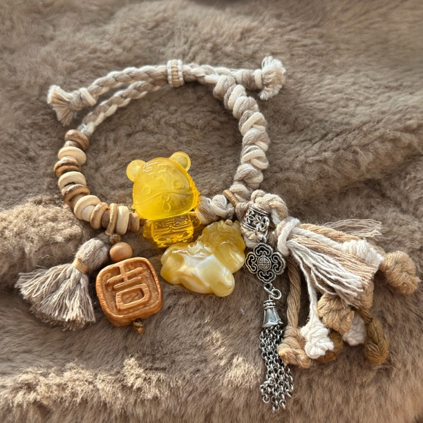 吉月蜜蜡老虎独角兽吉祥如意幸运三合手绳