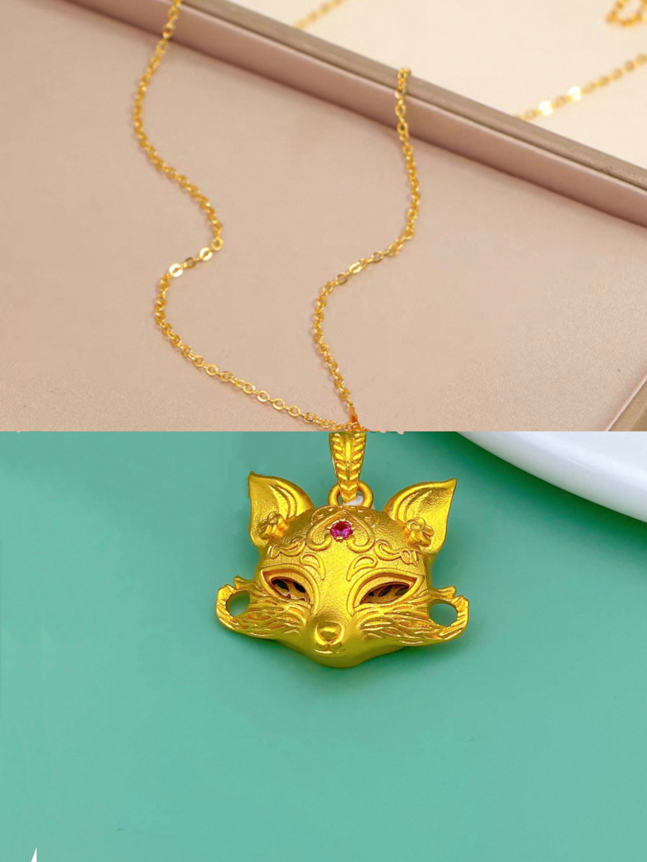 合金项链 2995合金新中式玉面狐狸点锆重工锁骨项链（链长45）