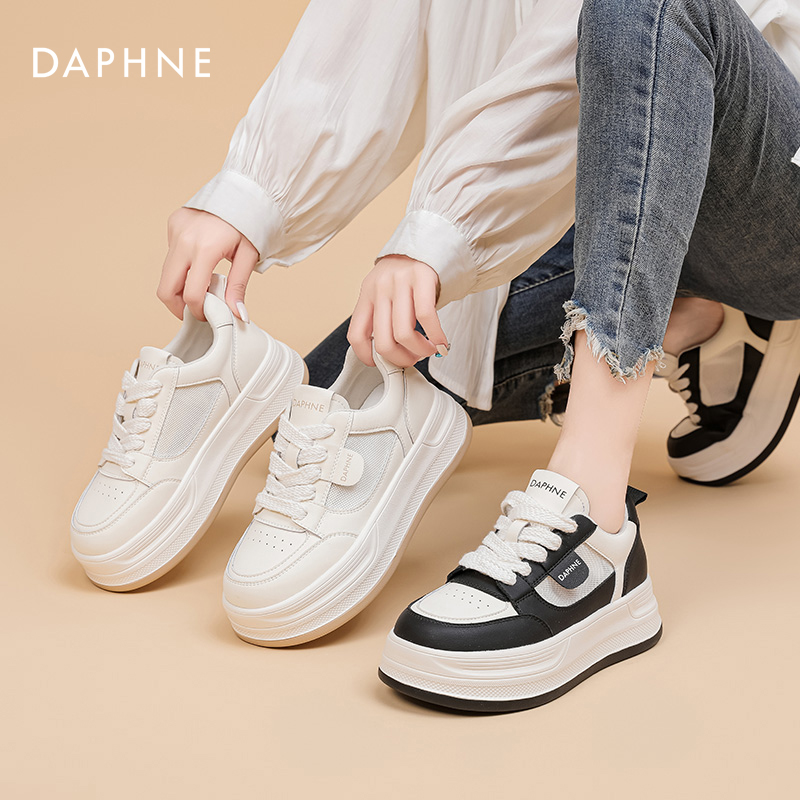 达芙妮网鞋女透气网面时尚百搭秋季舒适简约厚底圆头系带休闲鞋
