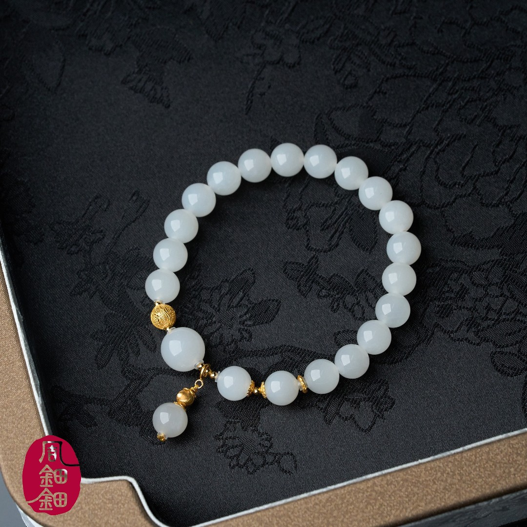 周钿钿®|素吟7-8mm版|天然和田玉羊脂白玉18k金设计款手串