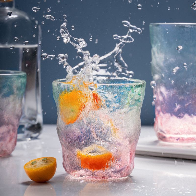 冰川纹渐变磨砂玻璃水杯高颜值ins日式杯透明咖啡杯子家用喝酒杯