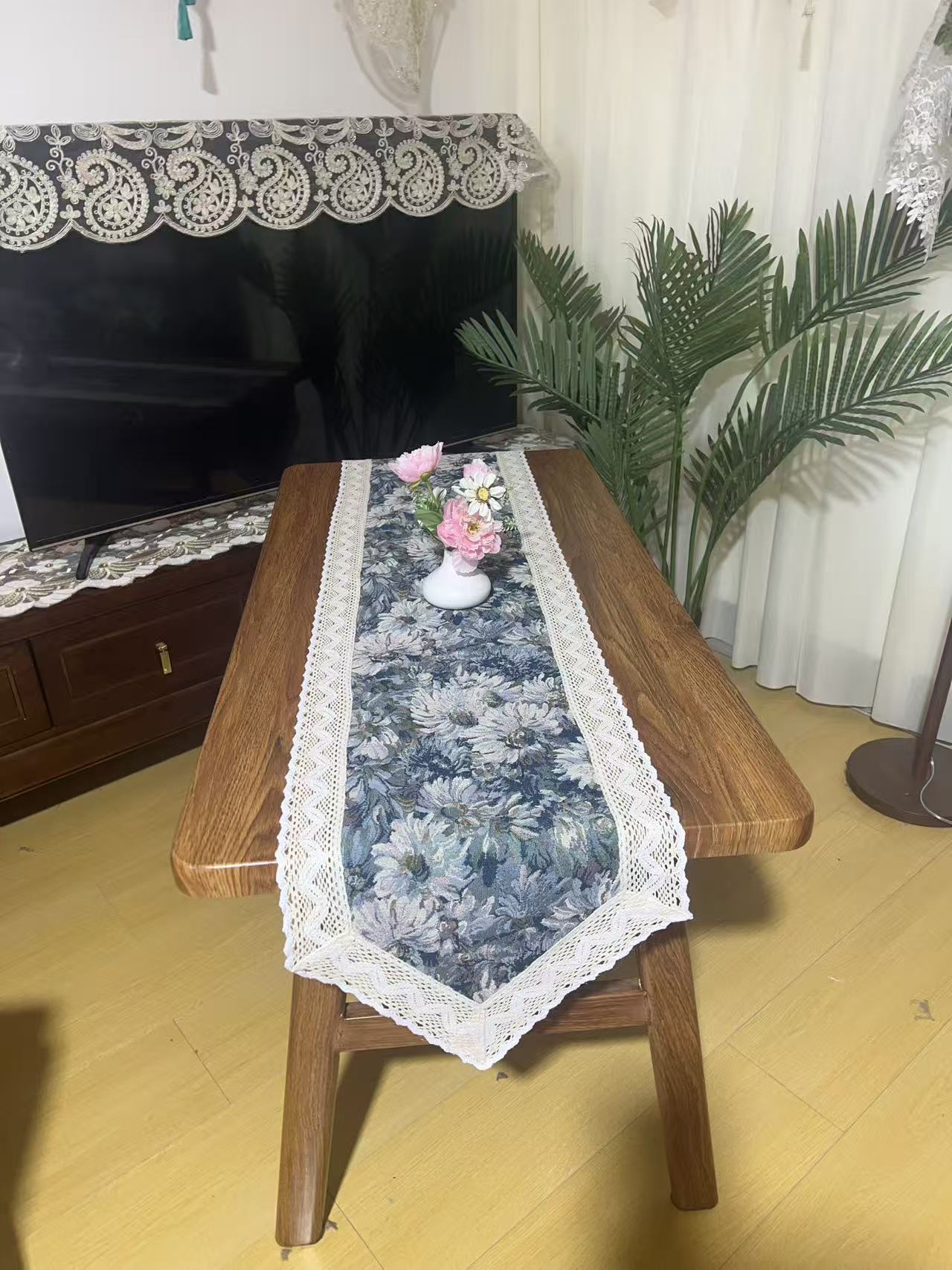 Z218-11【38*180】彩菊棉边桌旗棉麻交织布桌布茶几布多功能盖巾