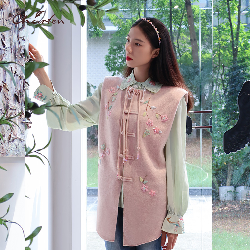 【达人专属】朝峰秋季秋季花卉刺绣女马夹上衣立领CFE3A035-0113C