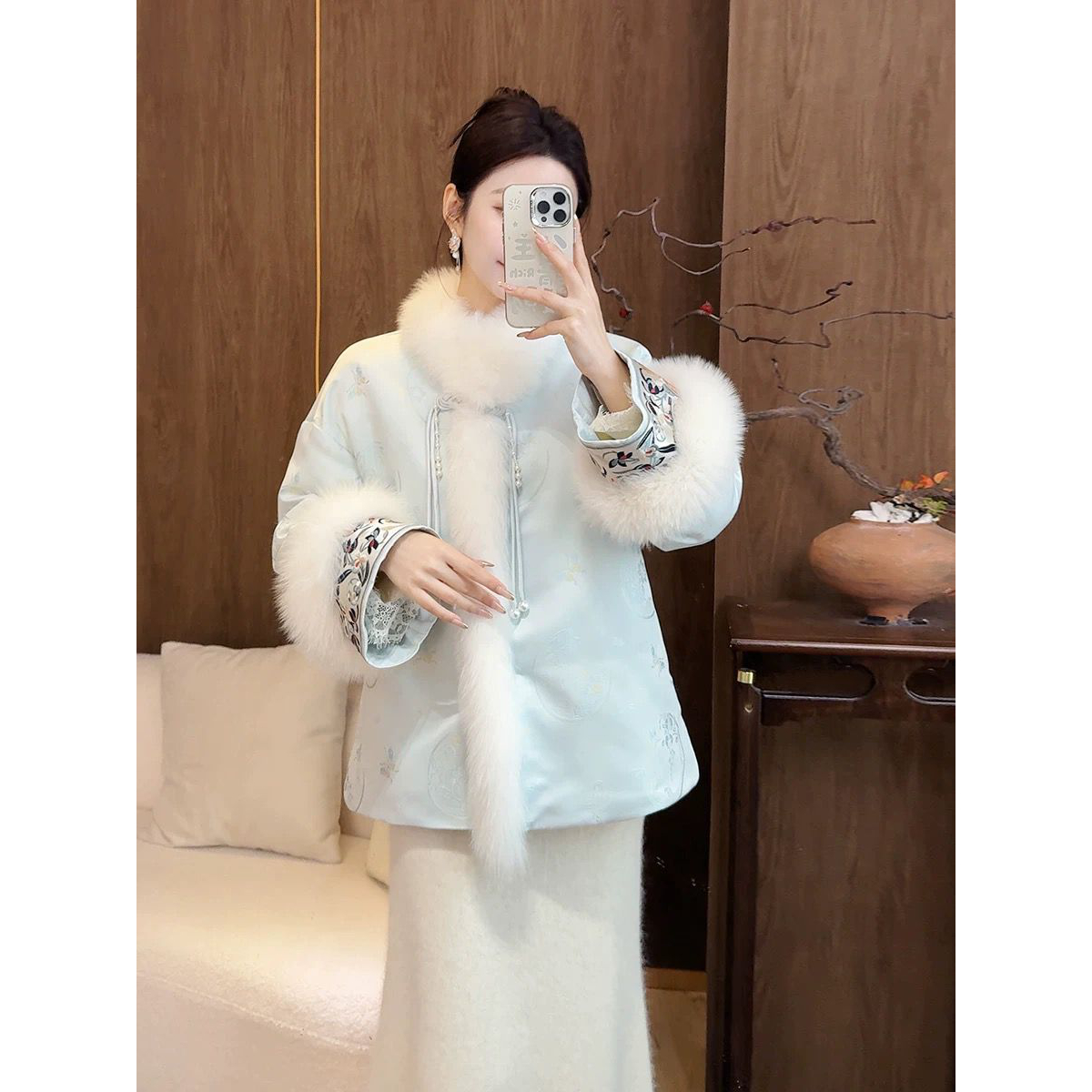 维】新中式人丝提花拼接真狐狸毛保暖  YS1-W032#  CZX