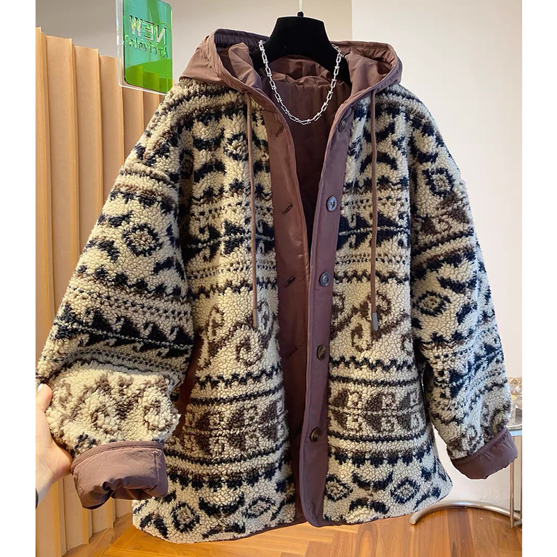 高级感复古羊羔毛连帽棉服女秋冬2025新款宽松加厚摇粒绒夹棉外套