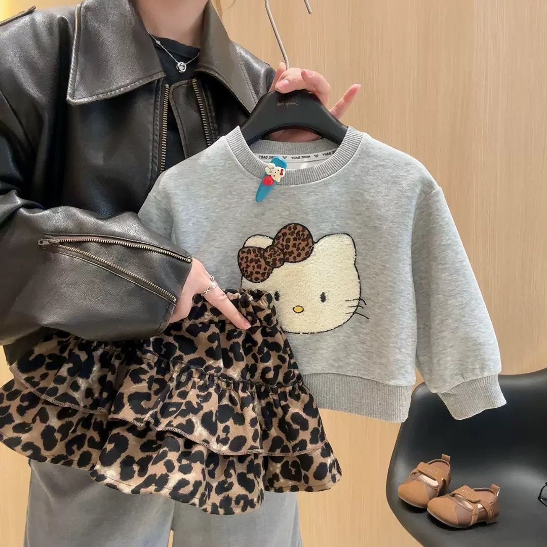 女宝豹纹kitty卫衣半裙套装