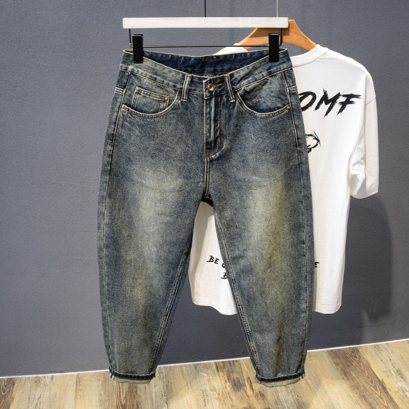 高端小个子八分九分宽松老爹复古牛仔裤锥形休闲男士哈伦小脚萝卜