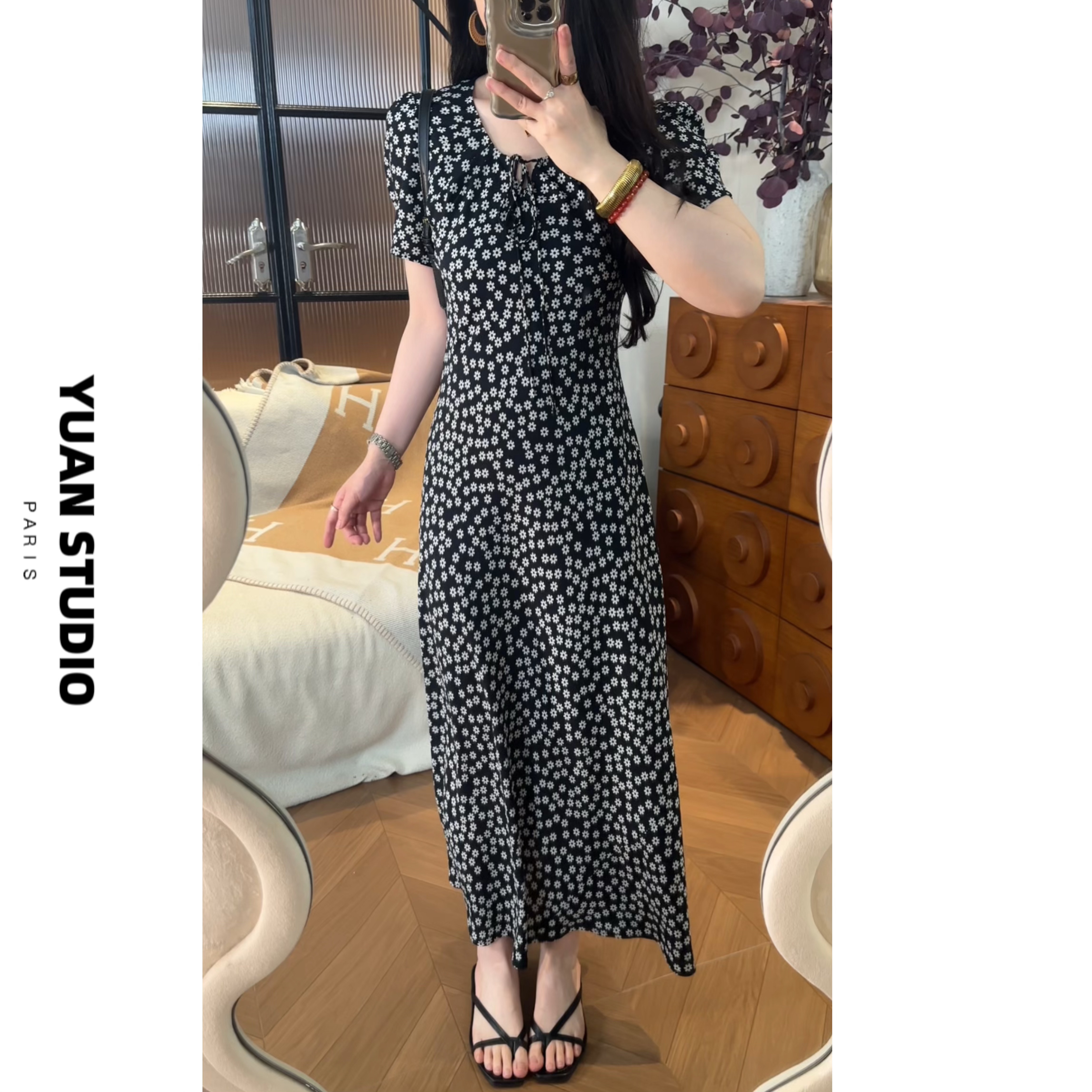 YUAN 【盛夏雏菊】法式复古斜裁显瘦遮肉气质夏季单层薄款连衣裙