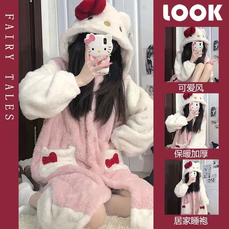 KT猫珊瑚绒睡衣女秋冬款加厚加绒法兰绒长款冬天睡袍可爱浴袍