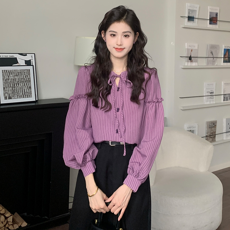 慕兔法式复古荷叶边条纹长袖衬衫女2024秋季新款宽松显瘦小众上衣