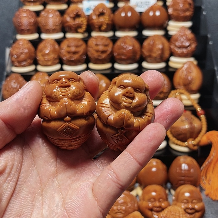 橄榄核把件文*小福猪通尺一对007