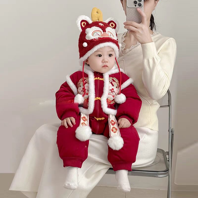 婴儿拜年服加厚连体衣男女宝宝满月百天周岁抓周礼服冬季外出爬服