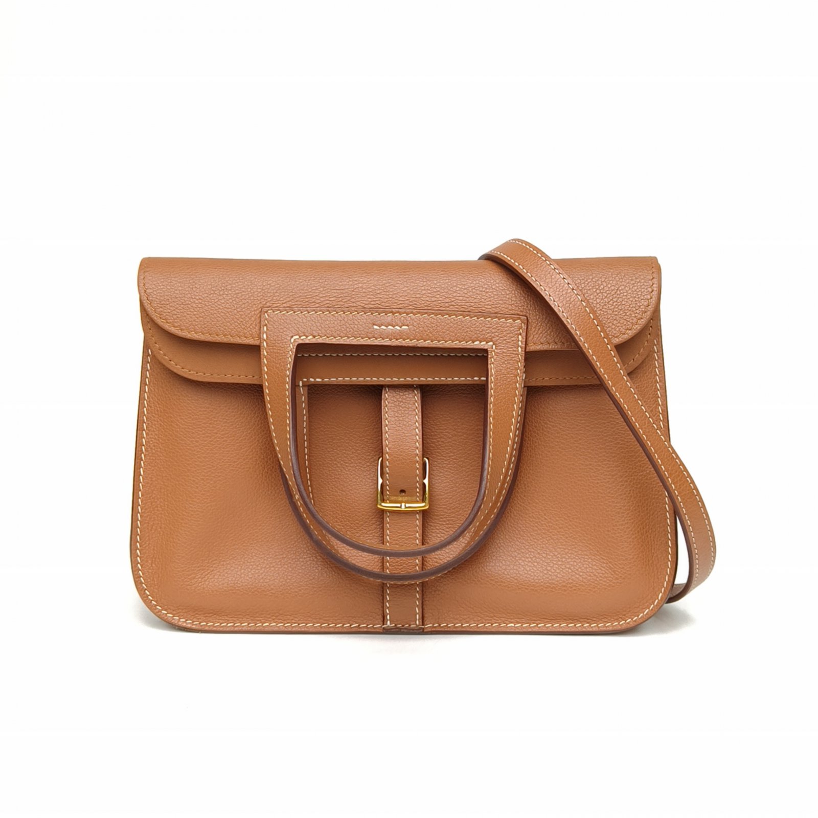 95新 Hermes/爱马仕 【黑黑】Halzan 25 双提手单肩包 金棕色 Y刻