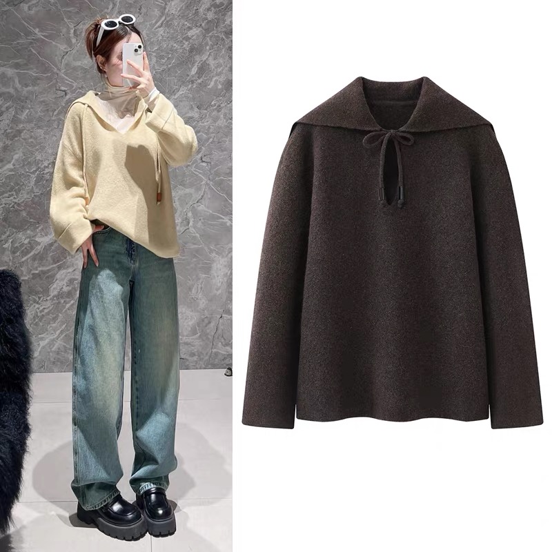 【海风】秋冬新款时尚百搭宽松撞色海军领系带抽绳针织衫3047