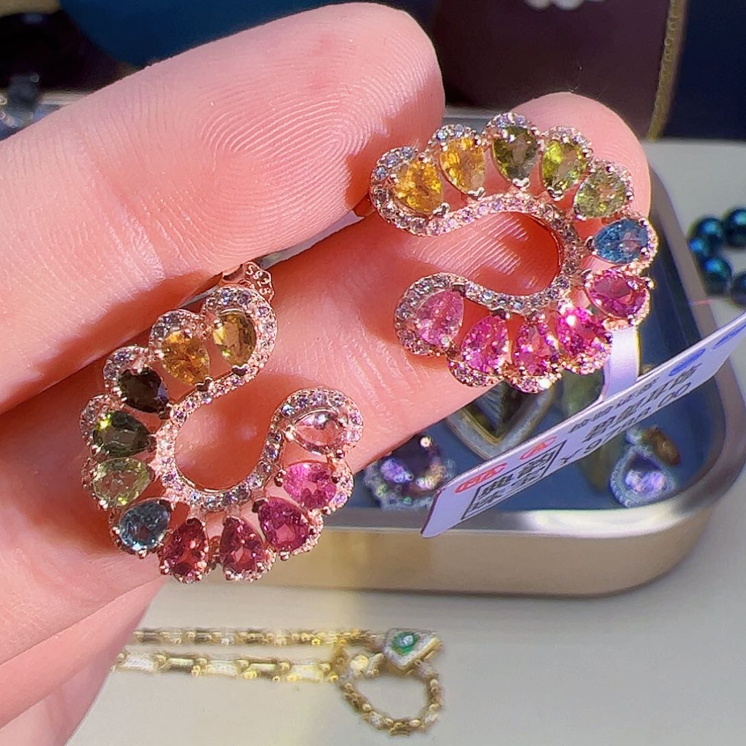 碧玺碧玺耳钉银S925镶嵌