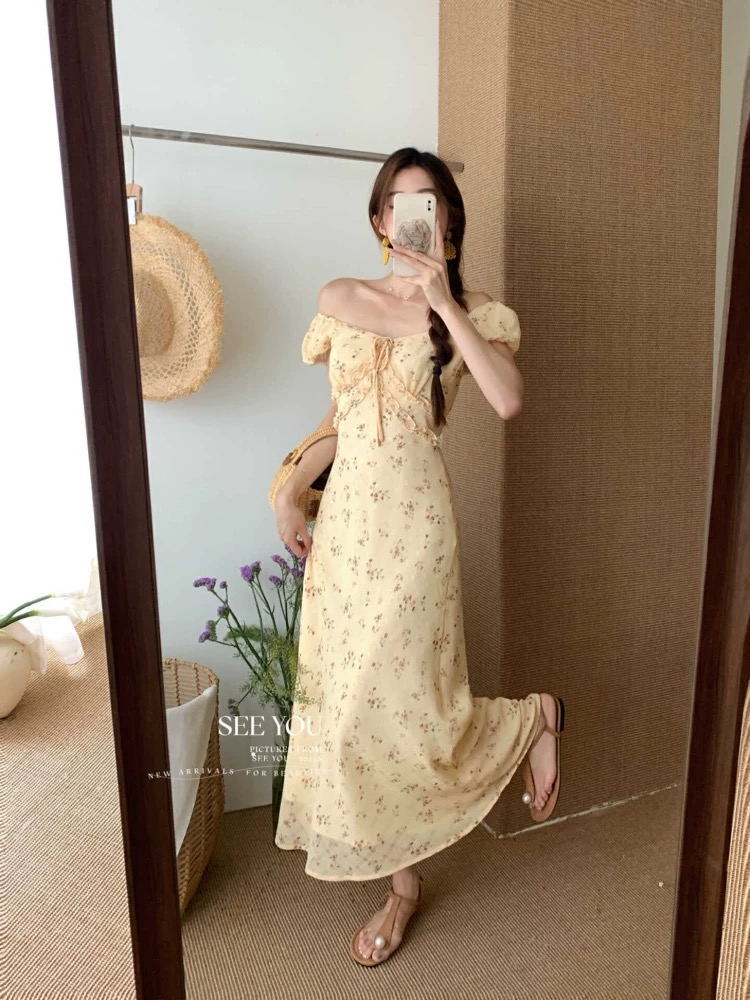 ZHUZHU 黄色碎花连衣裙子女夏2025新款今年流行爆款漂亮绝美长裙