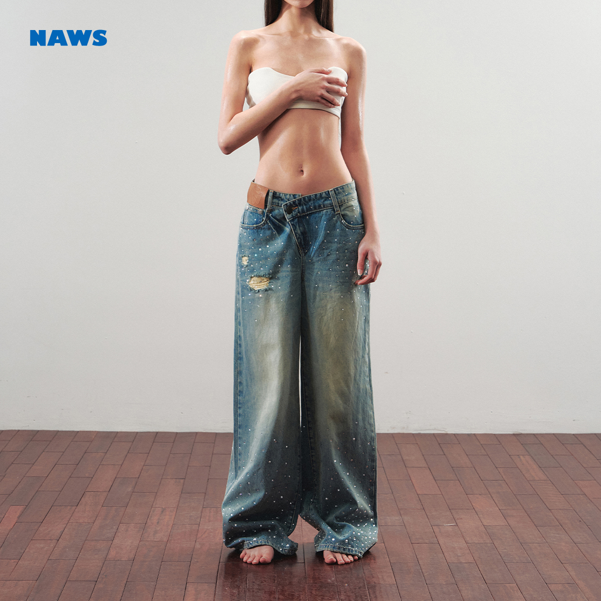 NAWS 5克拉银河牛仔裤 【戴蒙系列】水洗烫钻宽松直筒阔腿裤子