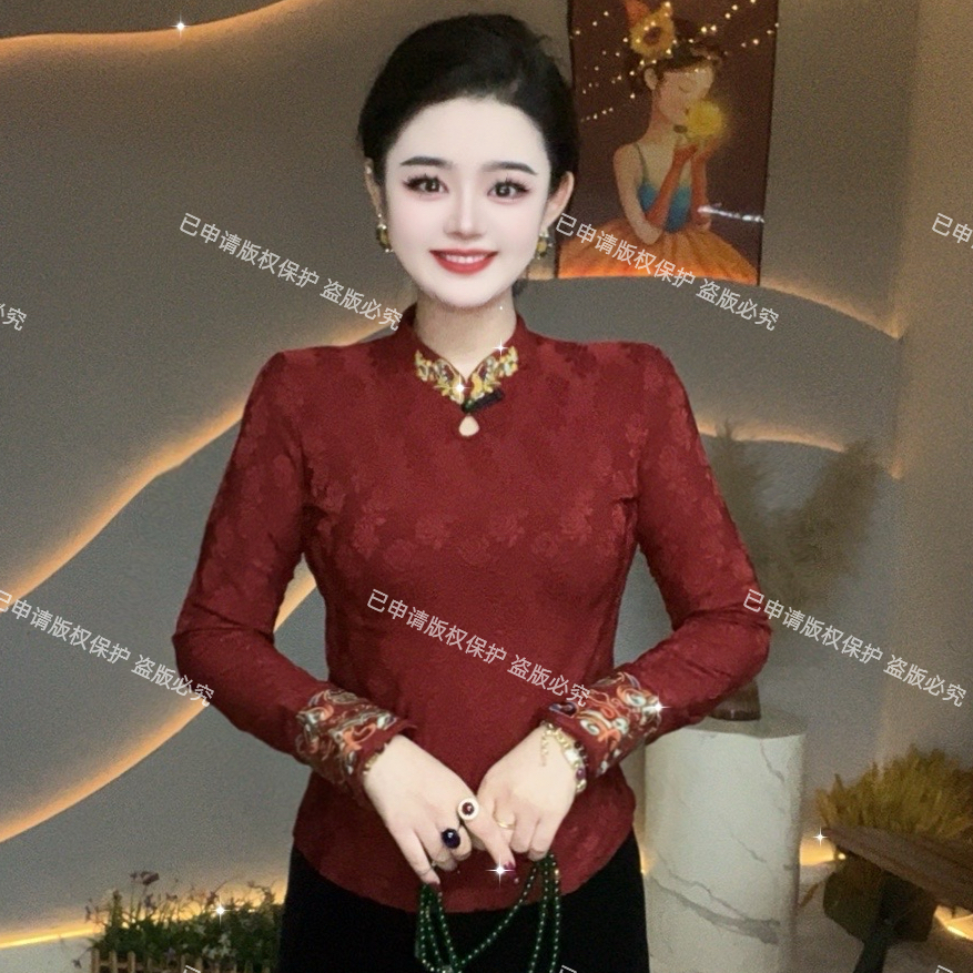 【唐朝夫人】时尚新中式唐朝夫人立体植绒爆款加绒长袖打底衫女-1