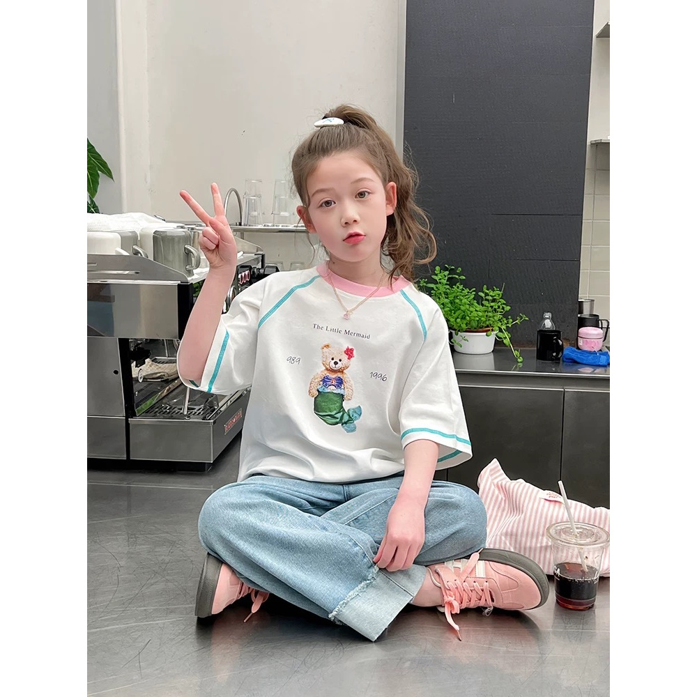 【清货】2025夏洋气人鱼小熊拼色短袖T恤(100%棉) D357 357 M