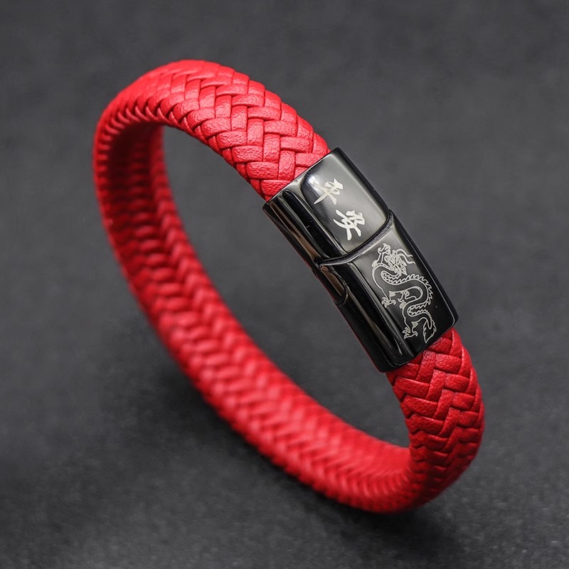 钛钢皮质手链 红色手链女款时尚手工简约编织刻字个性