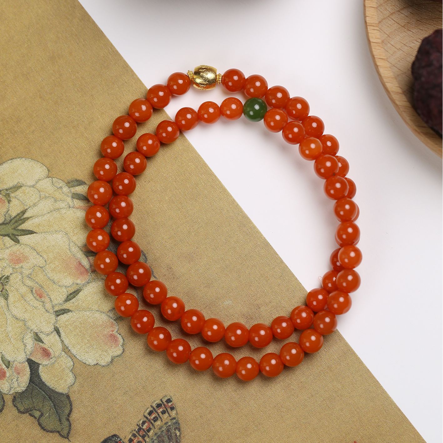 18K 金珠南红双圈手链6mm