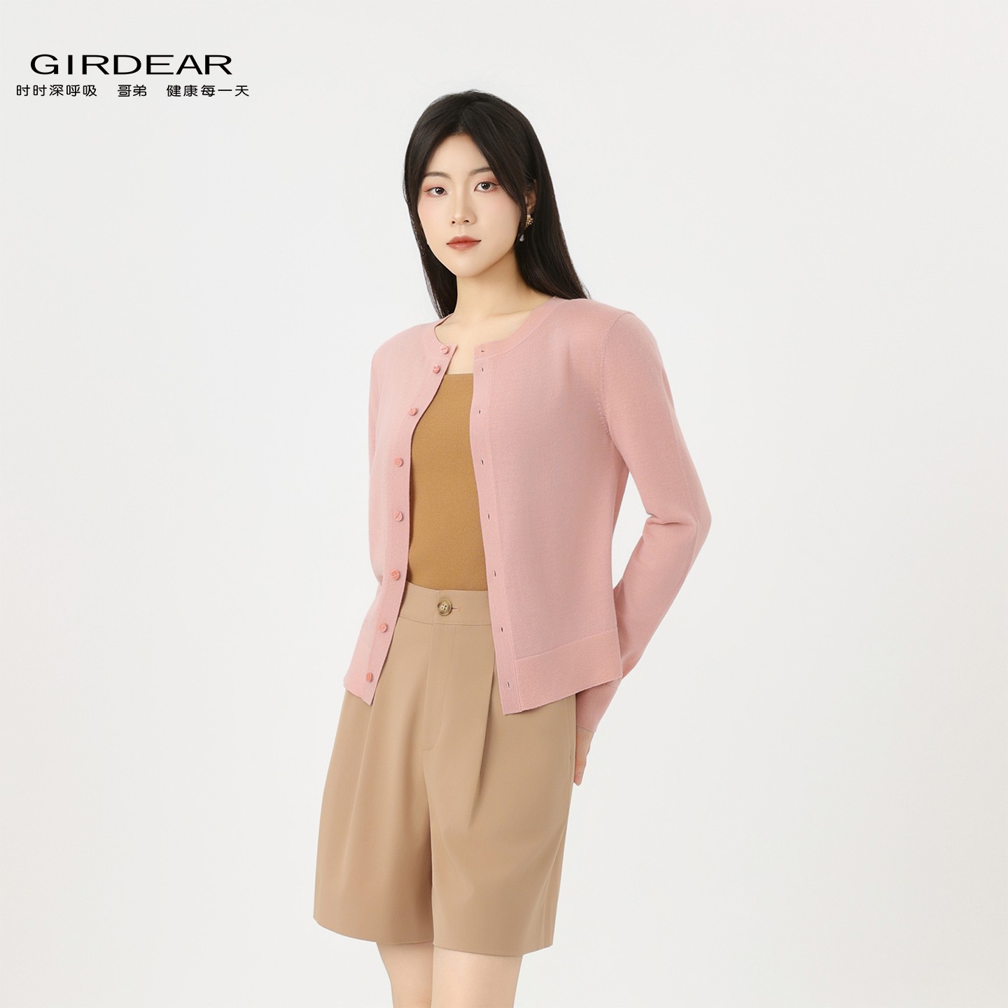 GIRDEAR/哥弟秋冬新款流光风绵羊毛简约慵懒风圆领针织开衫148061