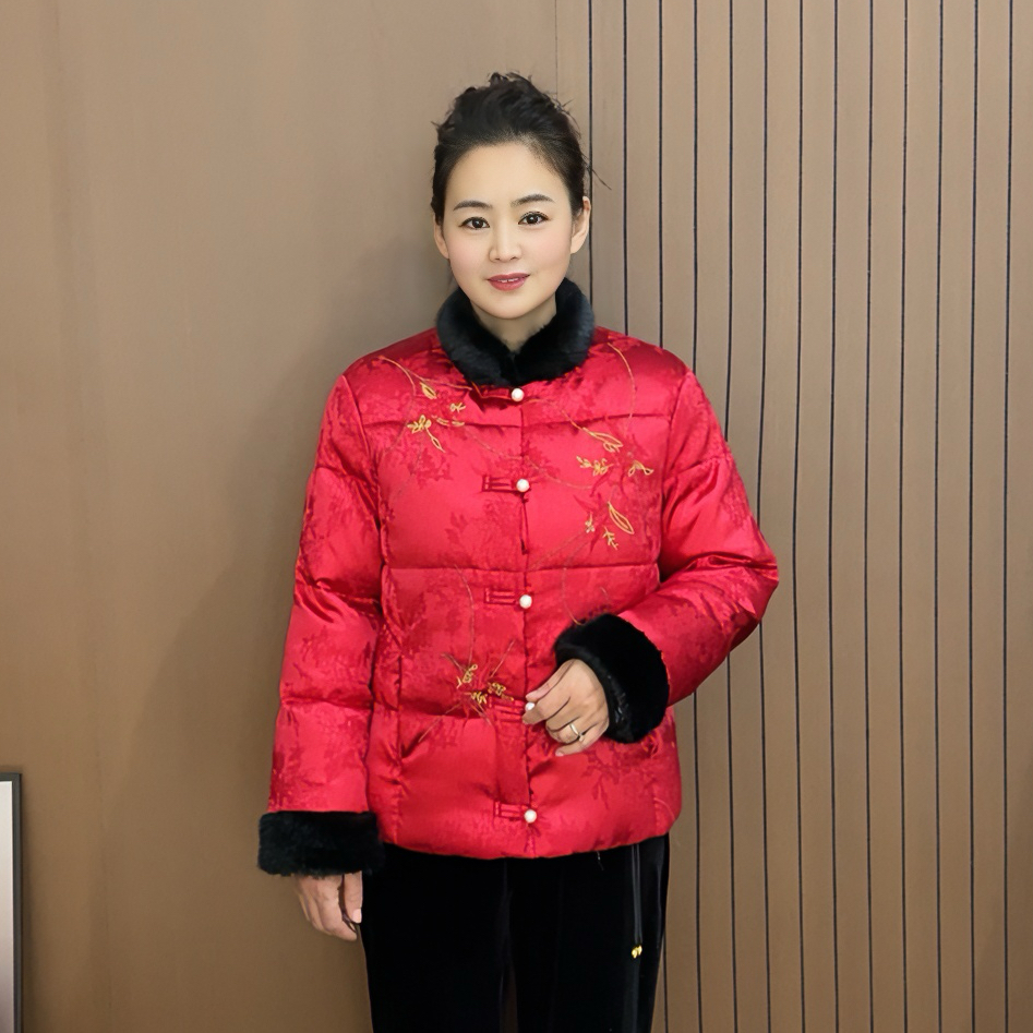 冬季中国风保暖立领刺绣款加厚棉服中式短款棉衣红色棉袄外套女款